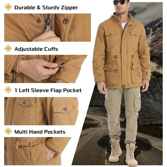 Mens Khaki Thick Winter Jacket Hooded Fleece Lined Cotton Military Coat - Picture 4 of 6